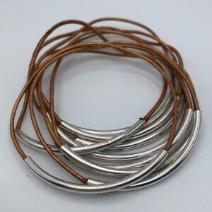 Copper Brown Leather and Silver Tube Bracelet Set